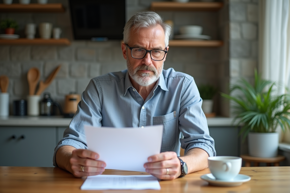 Homme d'âge moyen examine des documents de prêt immobilier