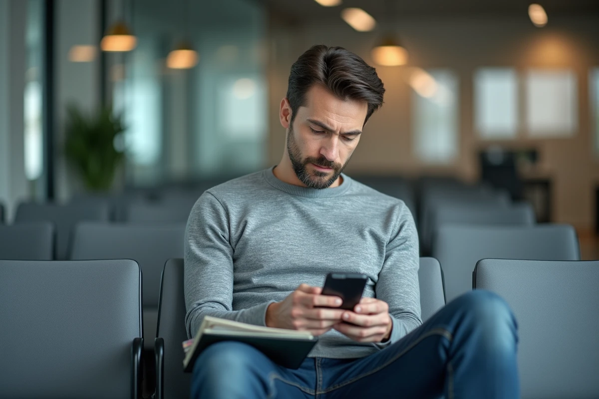 Homme consultant son téléphone dans la salle d'attente d'une agence Pôle emploi avant un rendez-vous