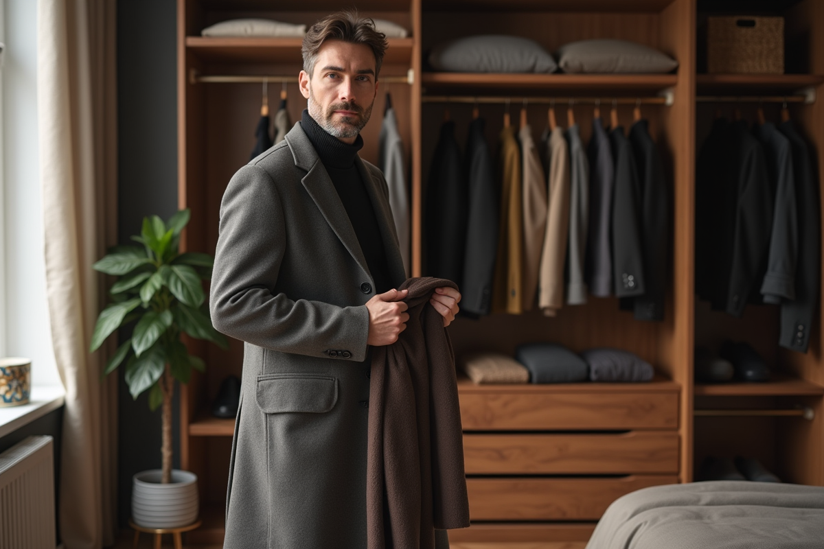 Homme choisissant une echarpe dans un placard urbain