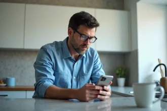 Homme d'âge moyen vérifiant son smartphone dans une cuisine moderne
