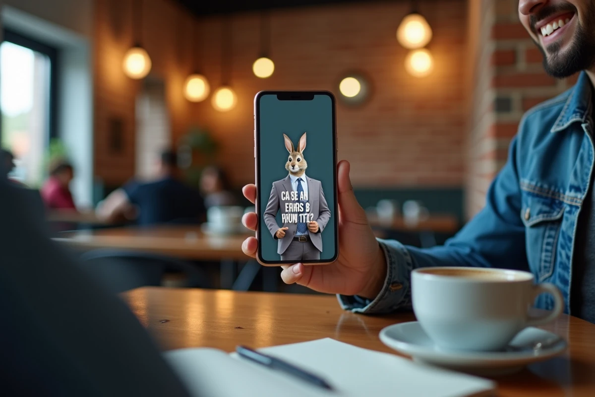 Homme tenant un smartphone affichant un mème internet populaire avec un lapin en costume, assis dans un café urbain avec un carnet ouvert et une tasse d'espresso