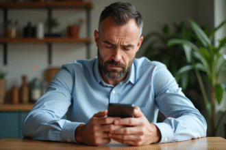 Homme d'âge moyen regardant son smartphone à la maison