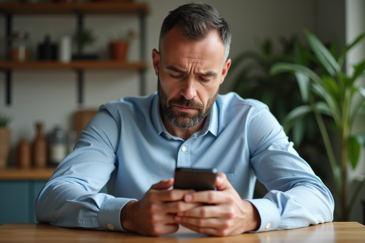Homme d'âge moyen regardant son smartphone à la maison