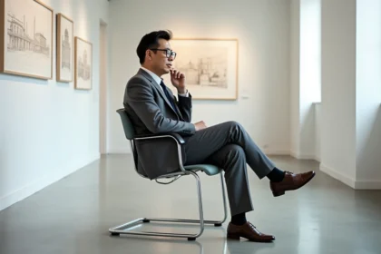 Homme d'âge moyen en costume gris assis sur une chaise Wassily