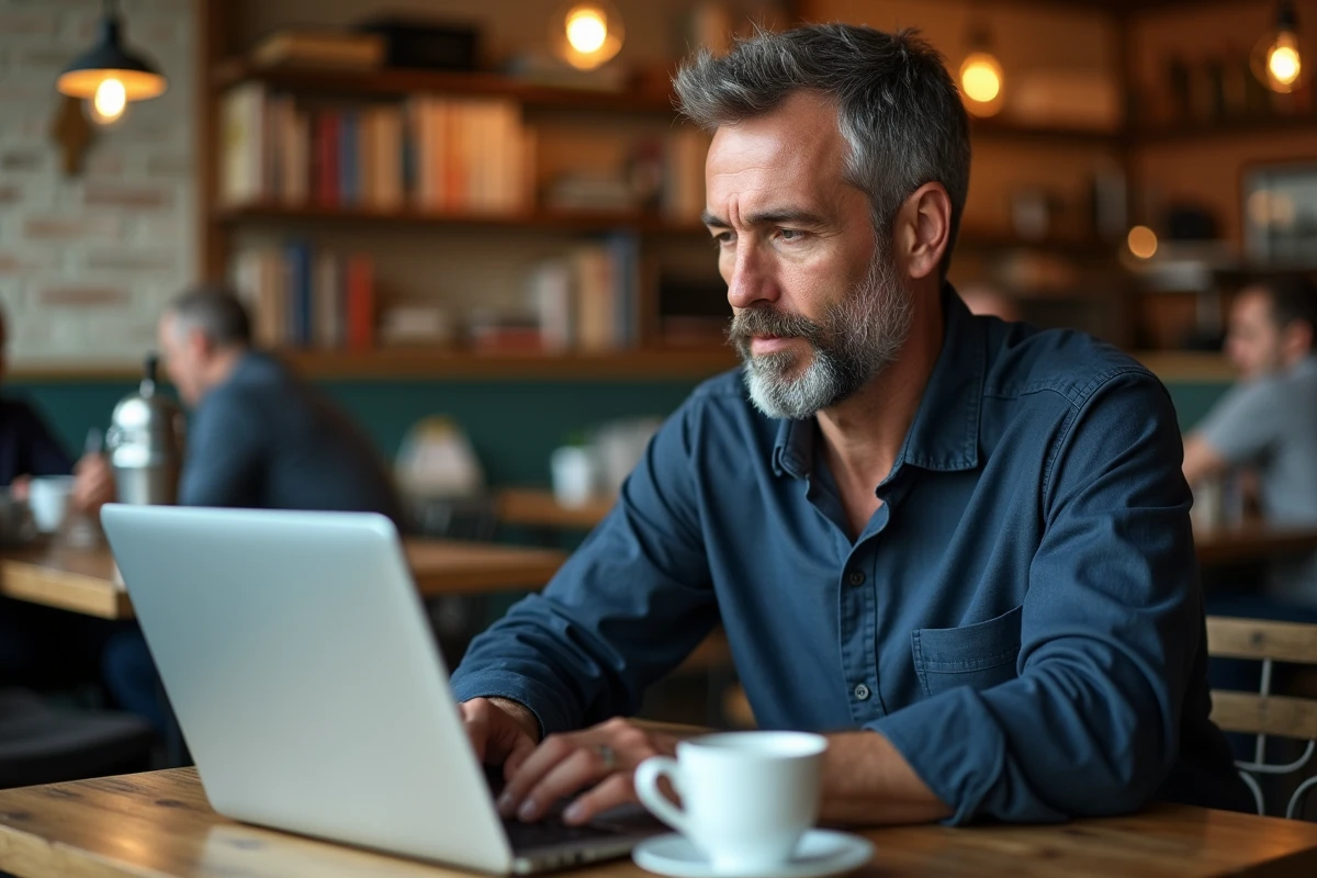Homme téléchargeant des livres numériques sur un ordinateur portable dans un café urbain