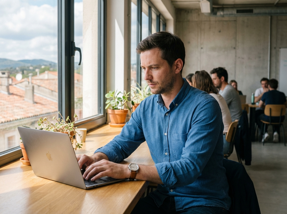Homme d affaires concentré sur son ordinateur dans un espace de coworking