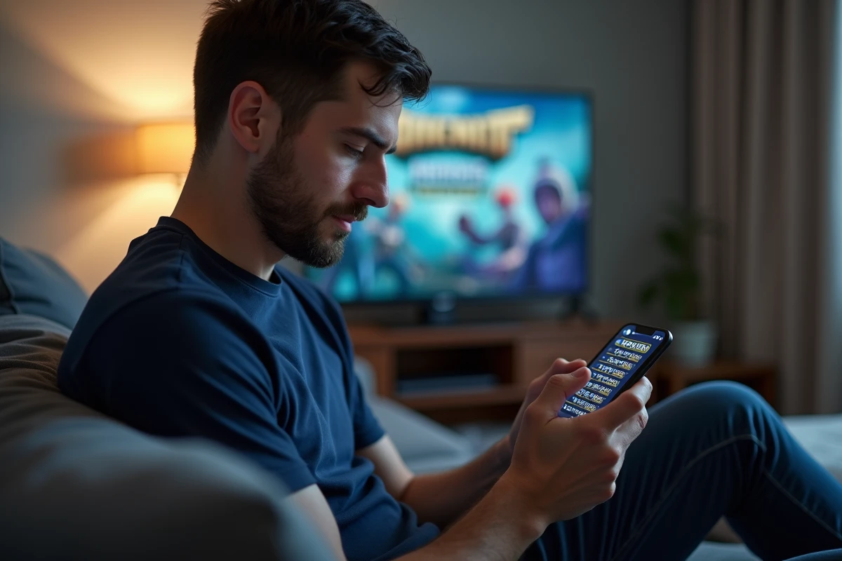 Homme vérifiant des codes de jeu actifs ou expirés sur son smartphone dans un salon, application de récompenses affichée à l'écran