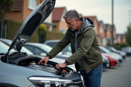 Homme inspectant le moteur d'une voiture hatchback moderne