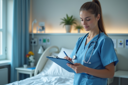 Infirmière en blouse bleue prenant des notes dans une chambre d'hôpital