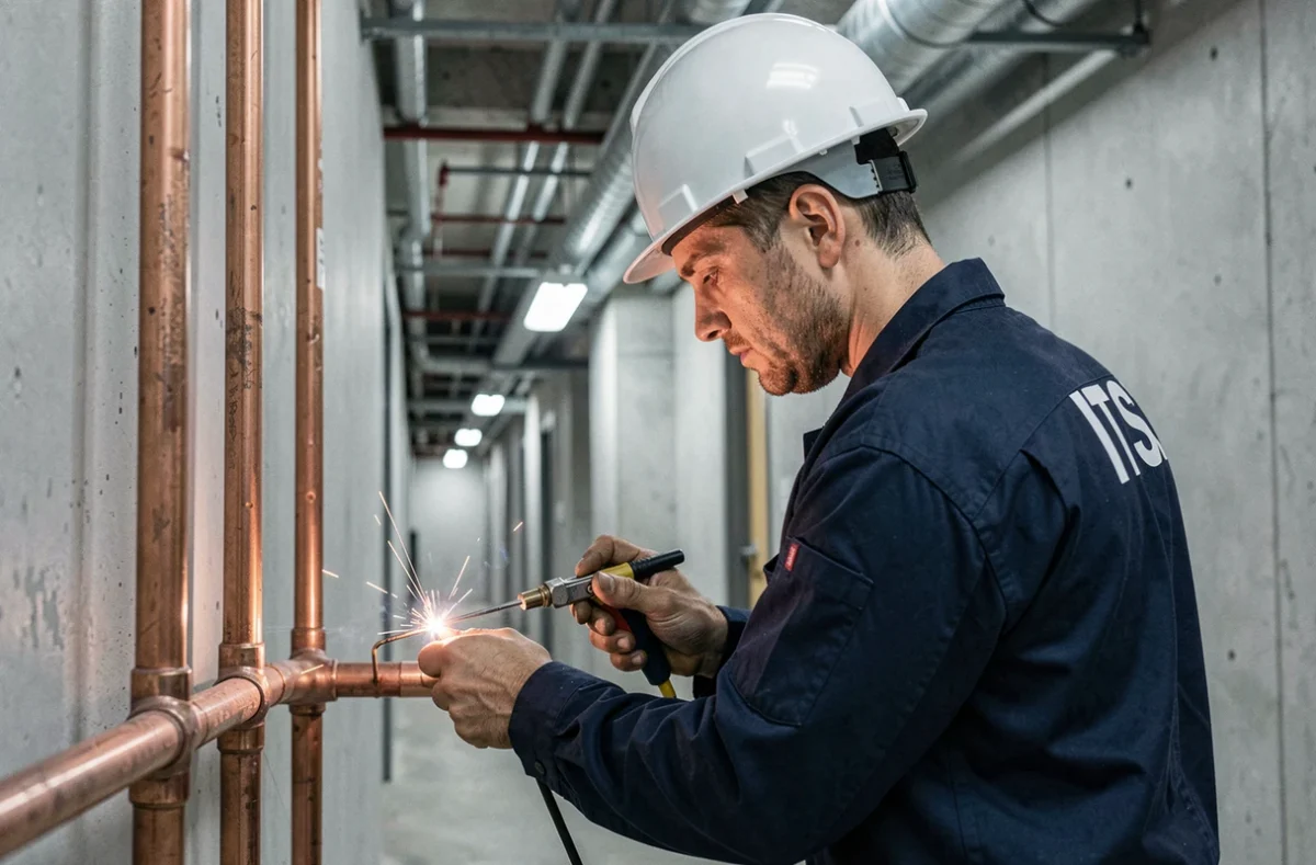 Technicien ITS soudant des raccords en cuivre dans un couloir de bâtiment commercial avec conduits apparents au plafond