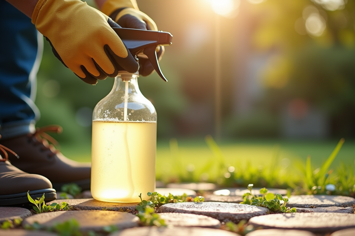 Personne utilisant un spray vinaigre naturel pour désherber en extérieur