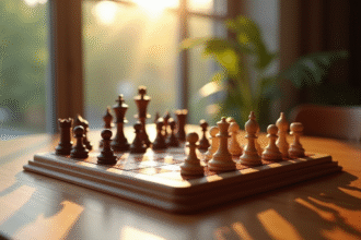 Plateau de jeu en bois avec pièces d'échecs sur une table en bois