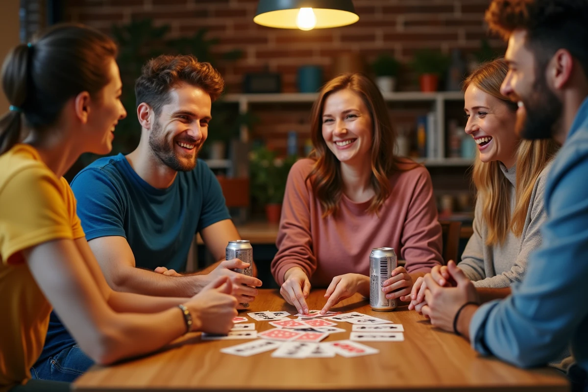 Groupe d'amis jouant au jeu de cartes Palmiers autour d'une table en bois avec des boissons