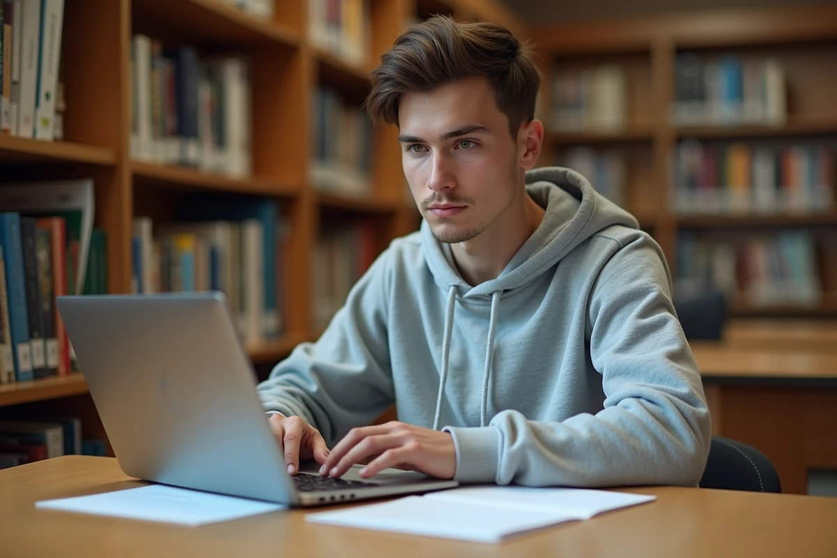 Jeune adulte apprenant à rédiger une lettre administrative formelle à la bibliothèque avec un ordinateur portable