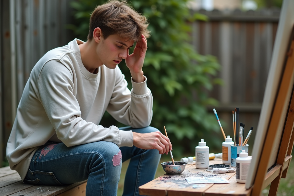 Jeune homme artiste nettoyant ses pinceaux dans un jardin