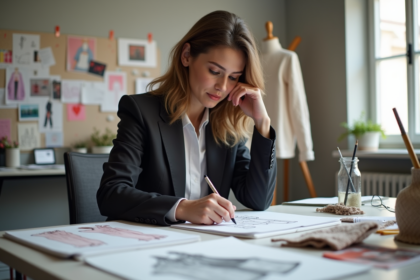 Jeune créatrice de mode esquissant ses idées dans son studio lumineux