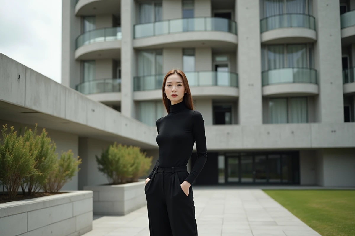 Jeune femme devant un immeuble Breuer en béton brut