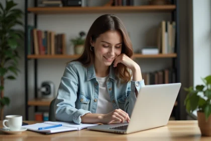 Jeune femme au bureau compare options sur un ordinateur portable