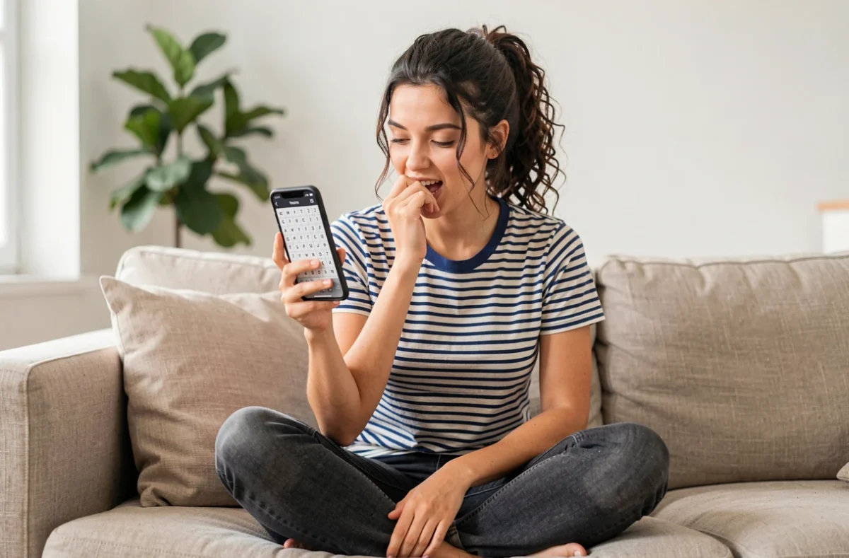 Jeune femme cherchant la réponse au mot du jour Codycross sur son téléphone dans un salon