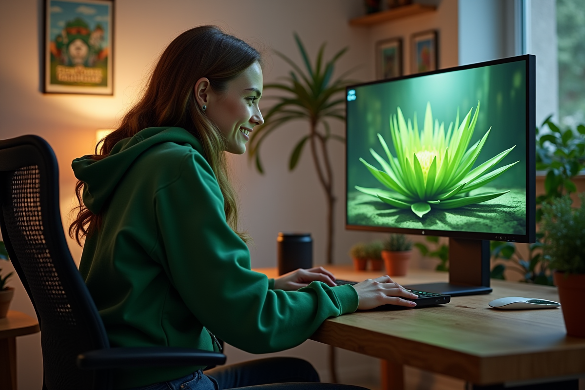 Jeune femme en hoodie vert jouant à Dofus sur son ordinateur