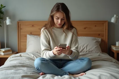 Jeune femme lisant manga BL sur smartphone dans son lit