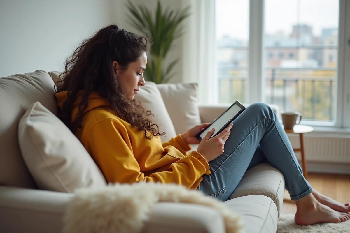 Jeune femme lisant un livre numérique sur une liseuse Kindle dans un salon minimaliste