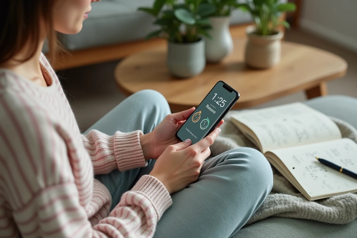 Jeune femme à domicile vérifiant le décalage horaire avec Madagascar sur une application mobile avant une réunion