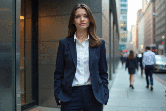 Jeune femme en blazer dans une ville moderne