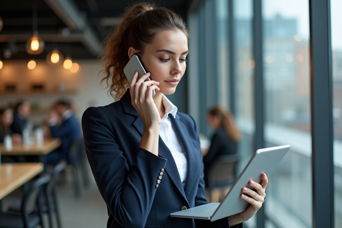 Jeune femme en télétravail contactant Pôle emploi par téléphone tout en consultant des informations sur une tablette