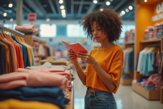 Jeune femme examine un t-shirt coloré dans un magasin de mode rapide