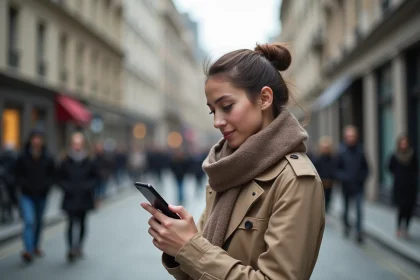 Jeune femme dans la ville regardant son téléphone