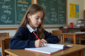 Jeune fille en classe concentrée à son bureau