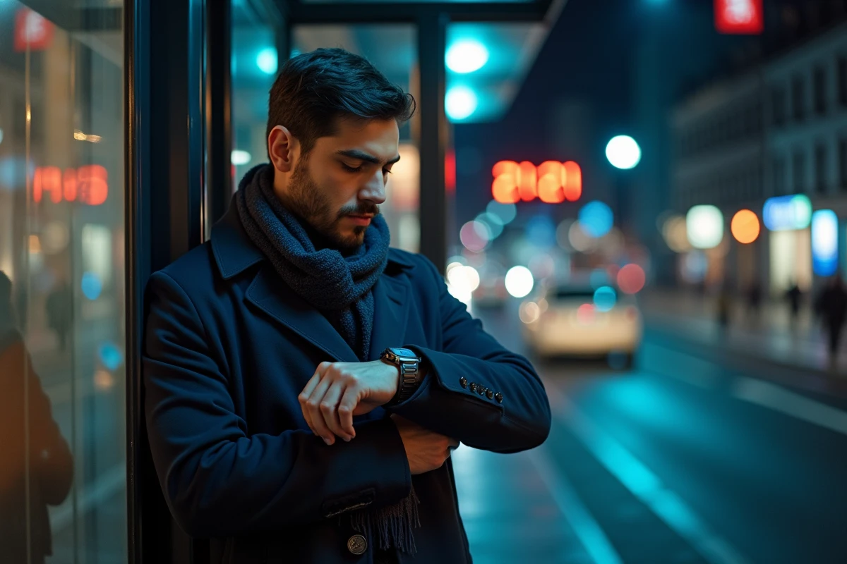 Jeune homme vérifiant sa montre à un arrêt de bus nocturne