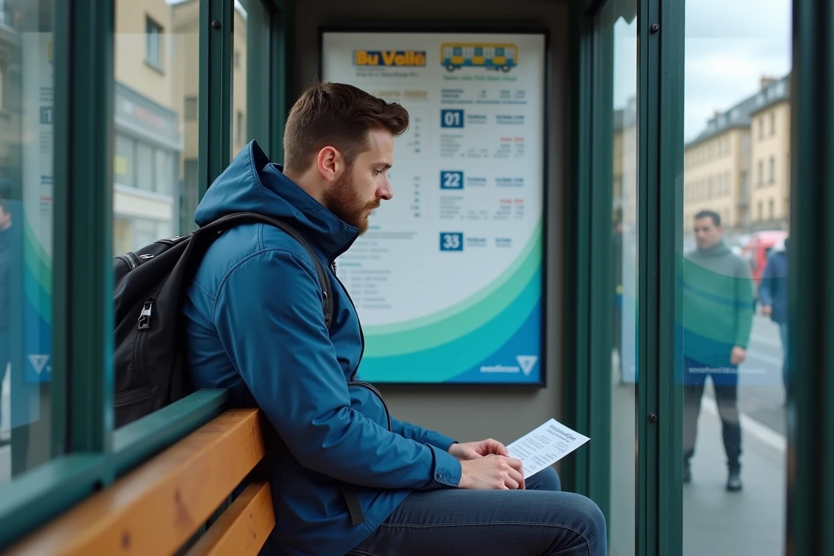 Jeune homme en veste bleue dans un abri bus à Lyon