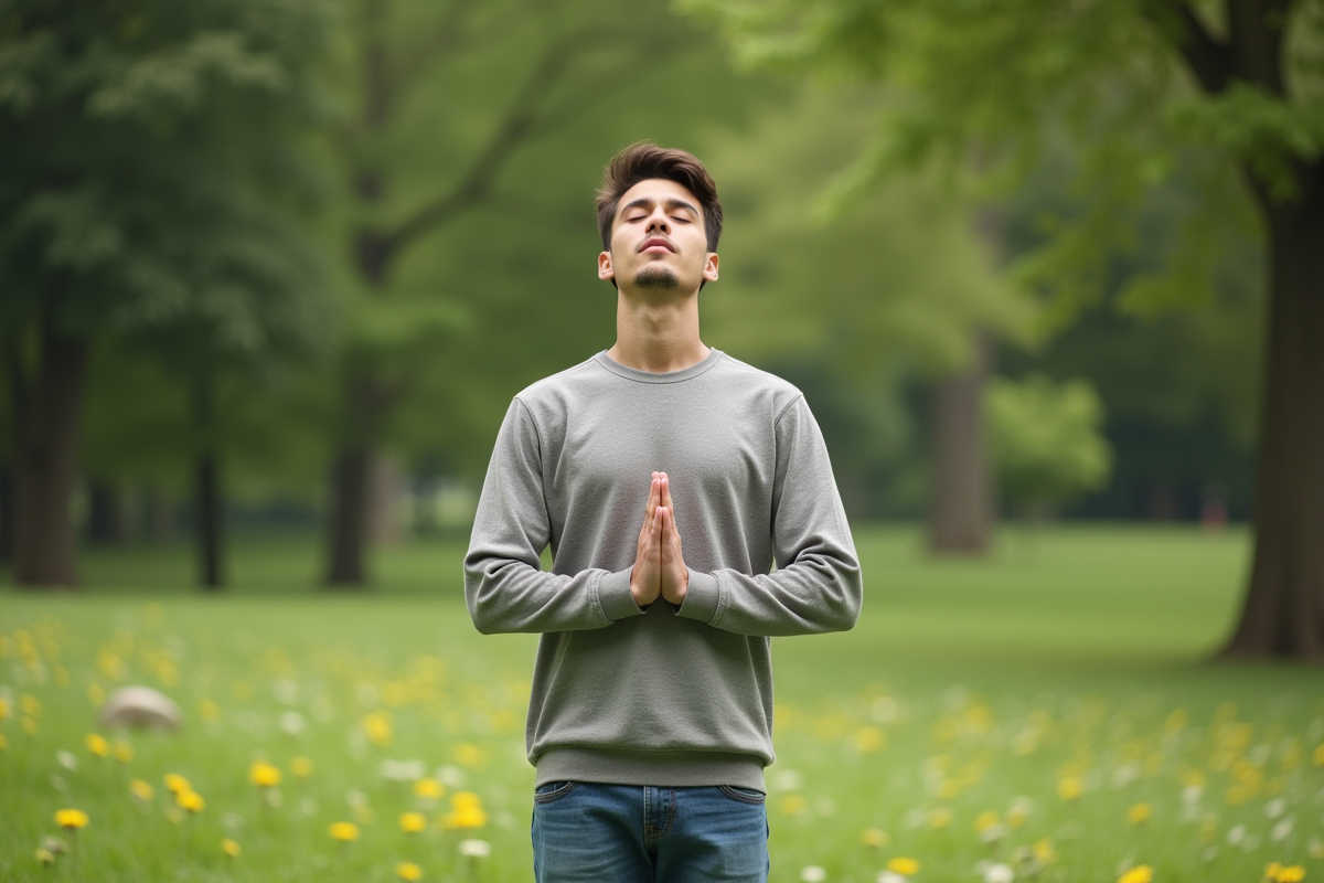 Jeune homme méditant dans un parc vert et paisible