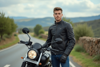 Jeune homme en moto 125cc en campagne avec paysage rural