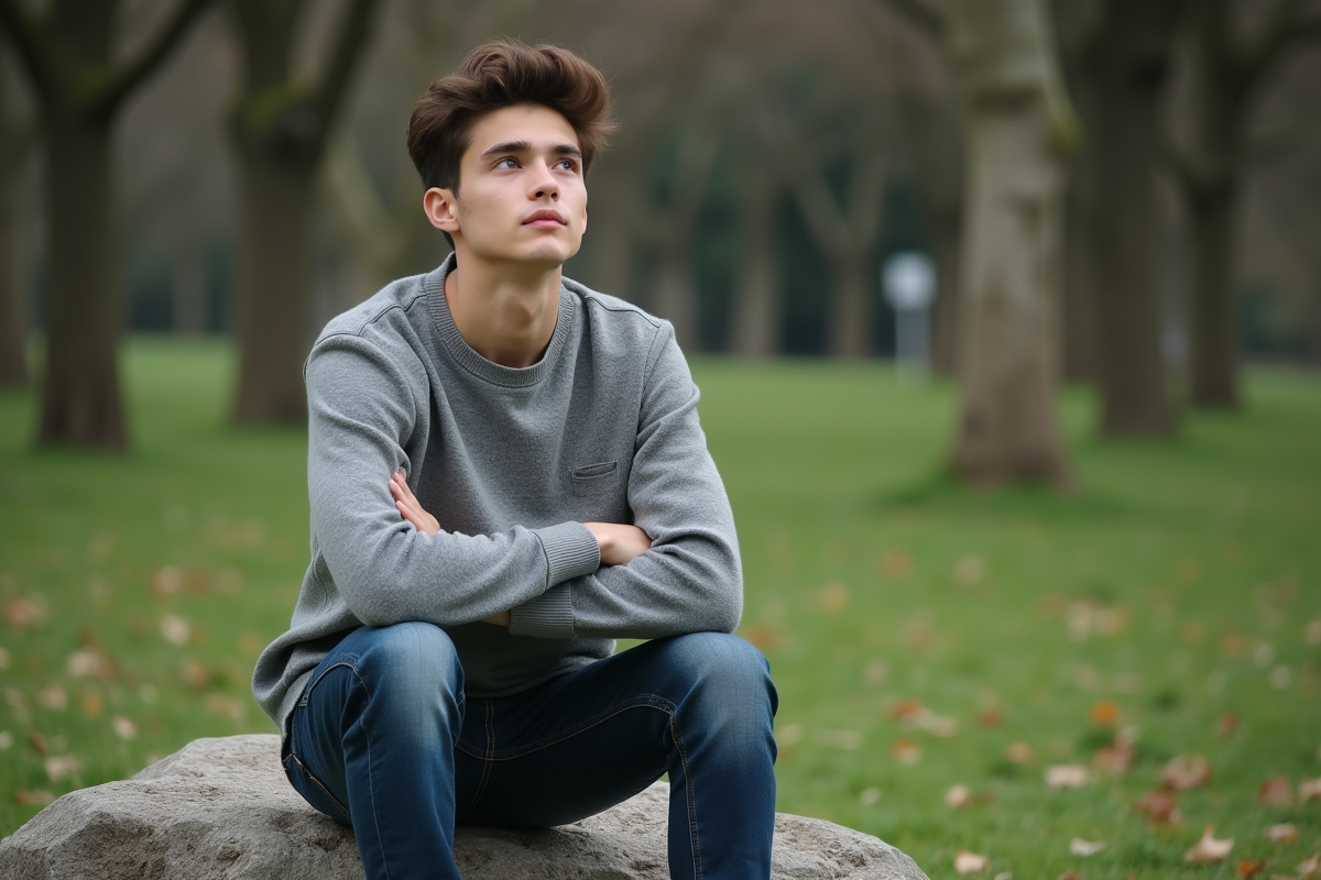 Jeune homme pensif assis dans un parc pour l
