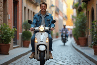 Jeune homme souriant sur scooter 50cc en ville