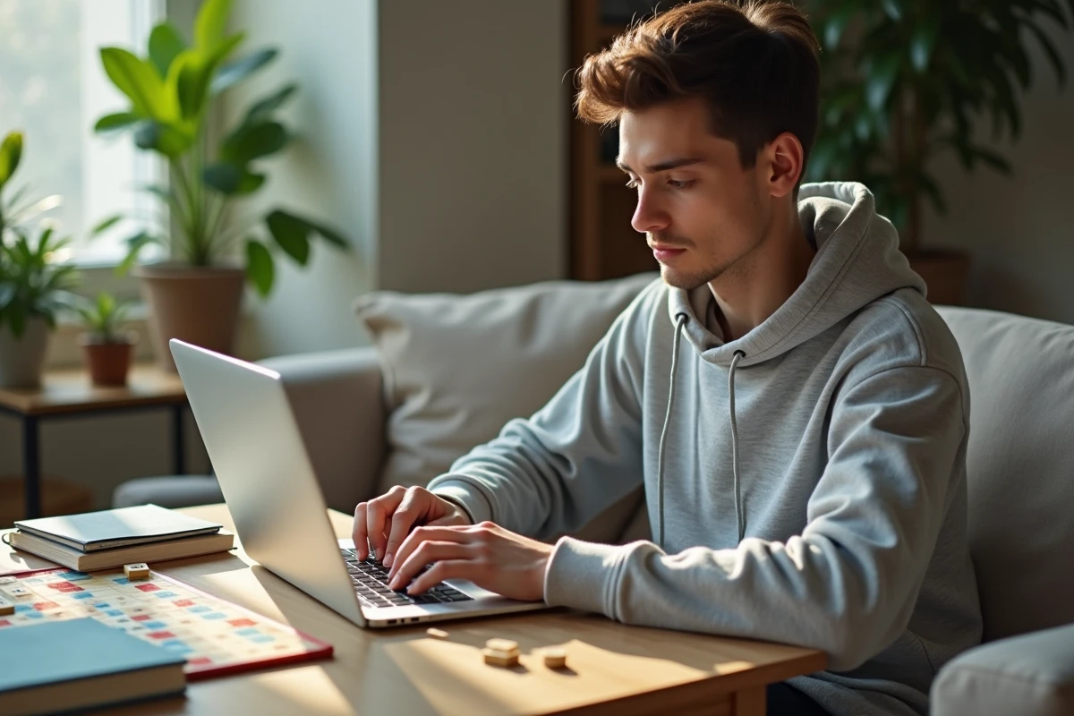 Jeune homme jouant au Scrabble dans le salon lumineux