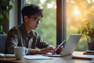 Jeune travailleur à distance au bureau lumineux