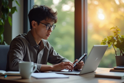 Jeune travailleur à distance au bureau lumineux