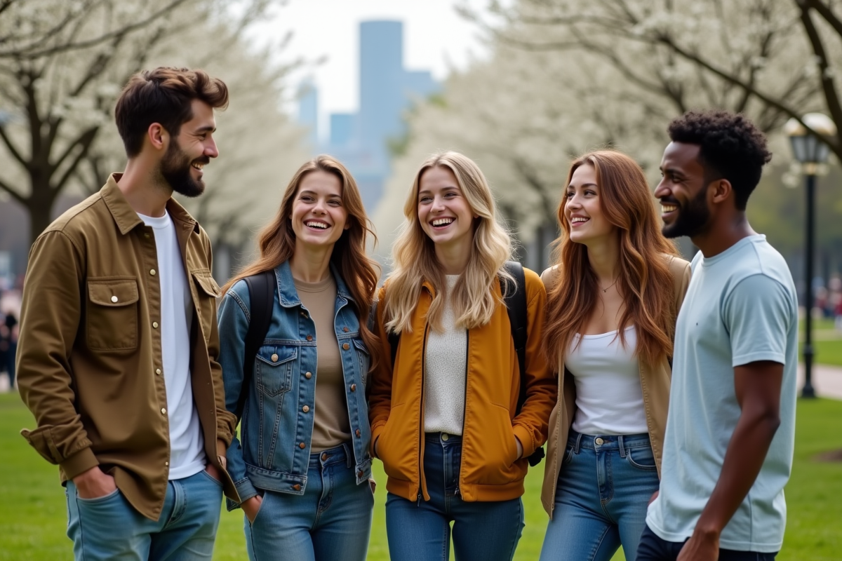 Jeunes de différentes cultures riant dans un parc urbain