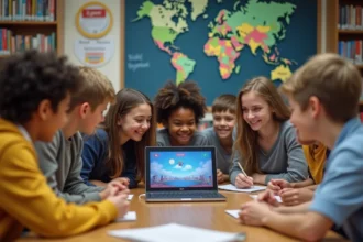 Groupe d'adolescents concentrés sur un jeu Cémantix en classe