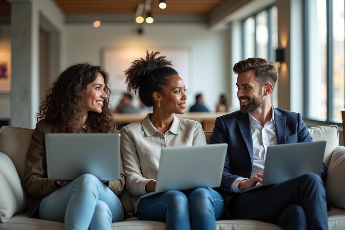 Jeunes professionnels discutant dans un salon moderne