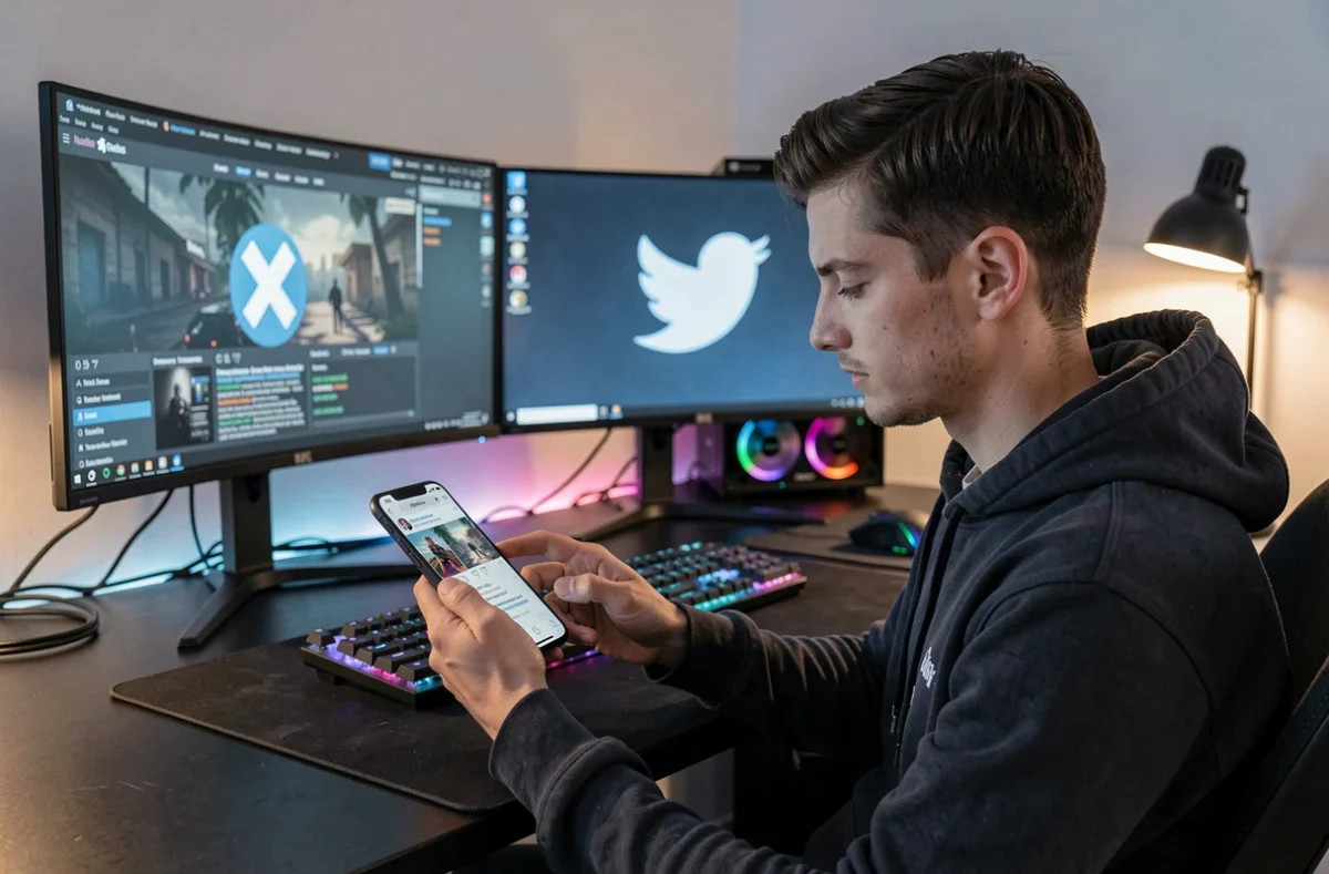 Joueur sur PC consultant le réseau social X sur son smartphone dans une salle de jeu moderne avec plusieurs écrans
