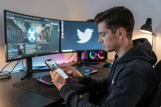 Joueur sur PC consultant le réseau social X sur son smartphone dans une salle de jeu moderne avec plusieurs écrans