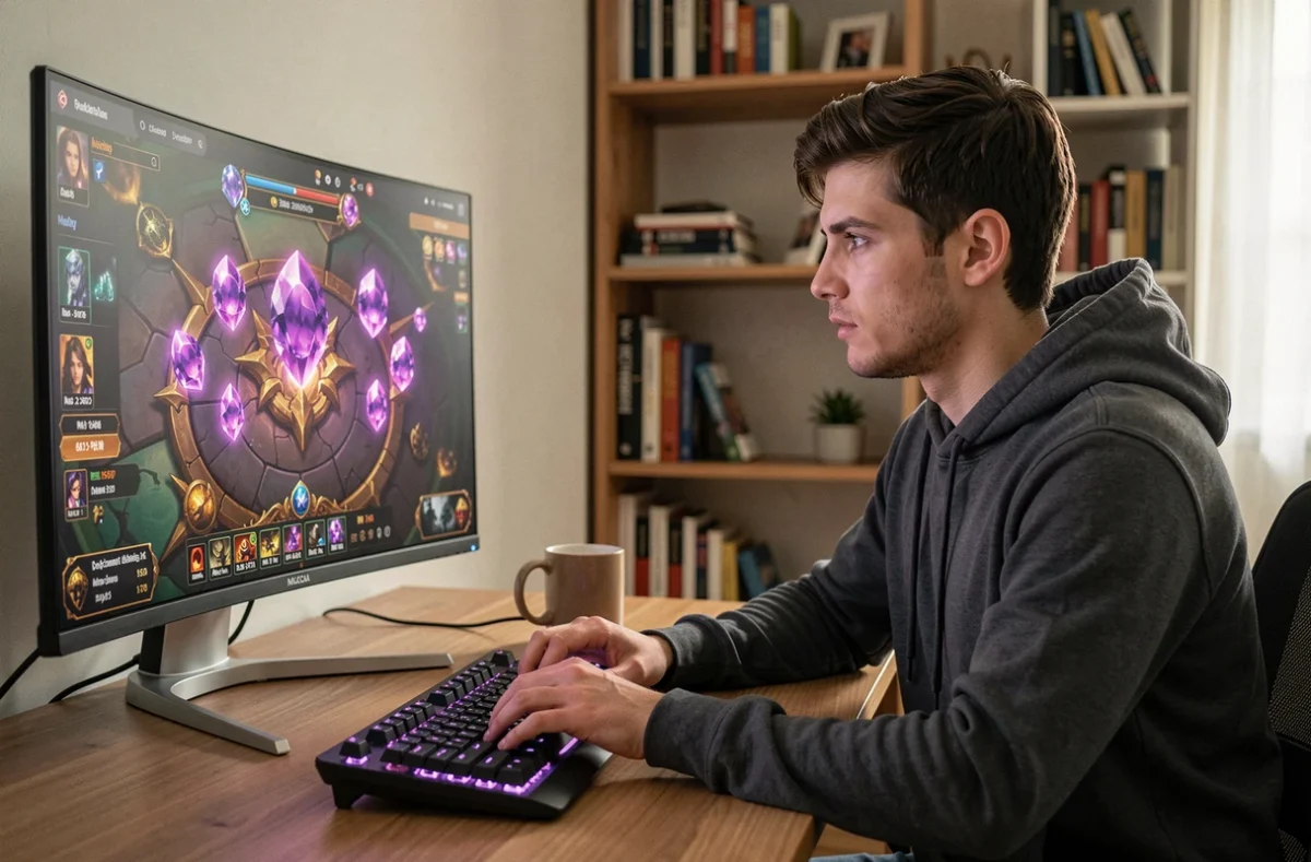 Joueur concentré devant son écran de PC affichant un jeu MMORPG avec des gemmes violettes et des kamas pour la Quête Dofus Pourpre