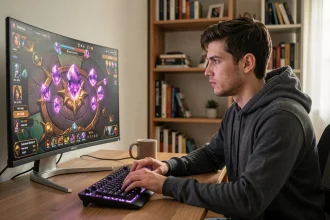 Joueur concentré devant son écran de PC affichant un jeu MMORPG avec des gemmes violettes et des kamas pour la Quête Dofus Pourpre