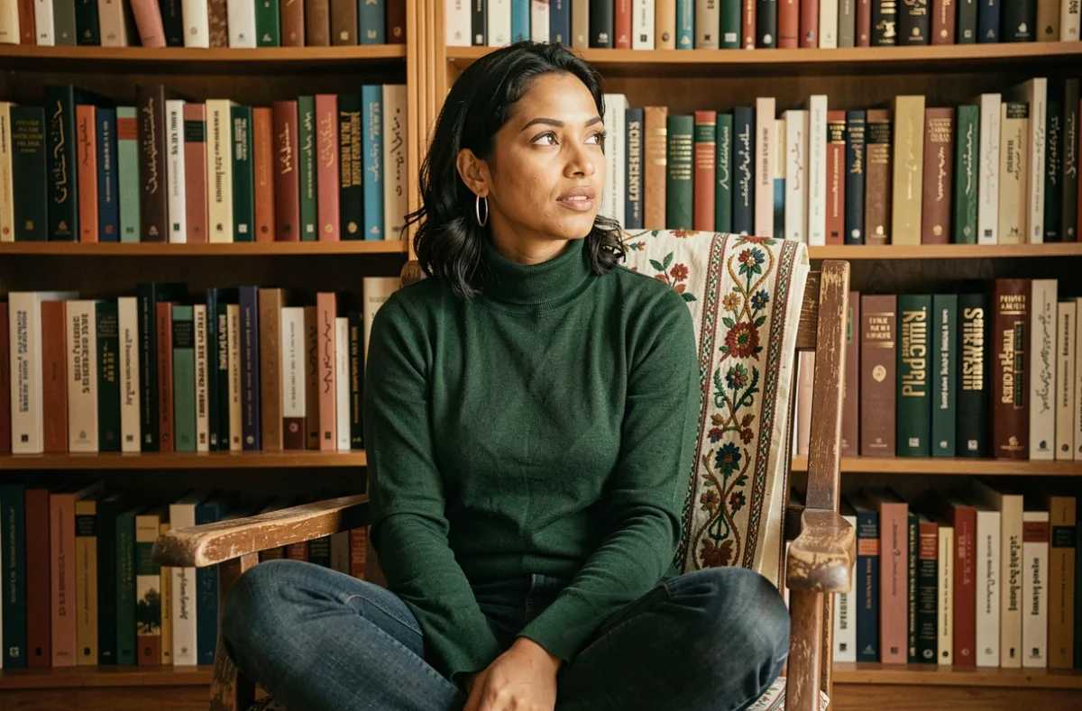 Portrait intime d'une journaliste aux origines nord-africaines et européennes dans une bibliothèque personnelle entourée de livres multilingues et de tissus brodés