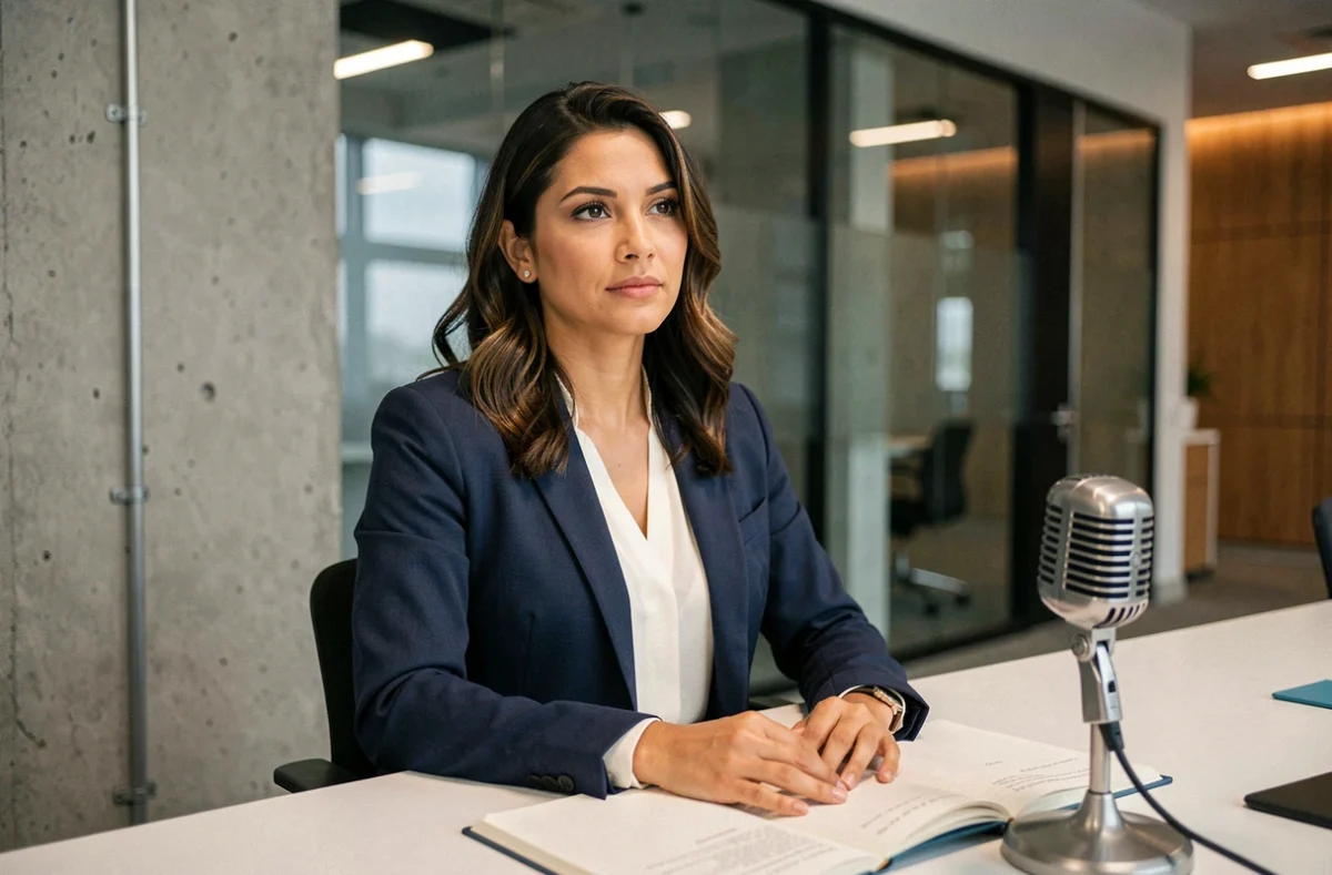Portrait éditorial d'une journaliste d'origines méditerranéennes et latines assise dans une salle de rédaction moderne, expression assurée et posture professionnelle